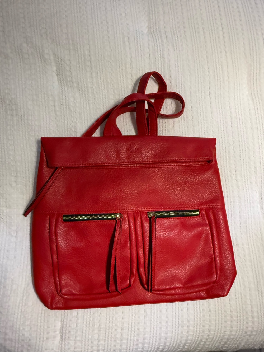 Red Leather Tote Bag with Front Zip Pockets from Japan
